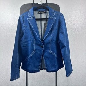 DG2 Diane Gilman Women's Blue Denim Embellished Stretch Jacket Size L